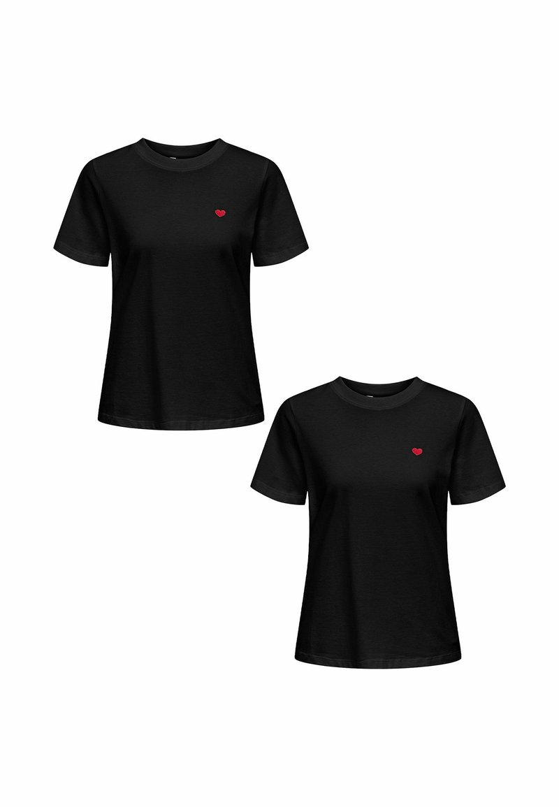 Schwarzes Baumwoll-T-Shirt mit kurzen Ärmeln, Rundhalsausschnitt und einem kleinen roten Herz-Symbol auf der linken Brust. Klassische, lockere Passform.