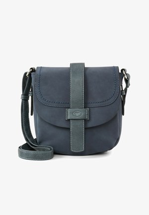 Petit sac bandoulière bleu marine compact avec rabat frontal, fermeture centrale par sangle en cuir et bandoulière réglable.