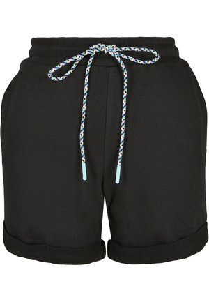 Shorts noirs avec une taille à cordon de serrage featuring un cordon en plusieurs couleurs tressé. Ourlets roulés et texture de tissu lisse.