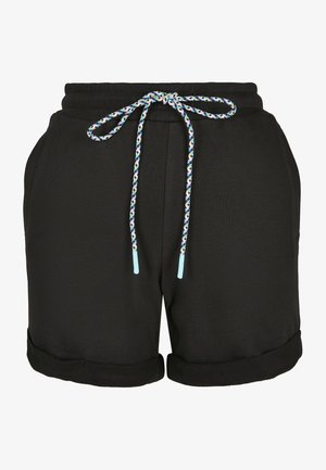 Fekete rövidnadrág, állítható derékkal, fonott, többszínű zsinórral. Felgöngyölt szárak és sima anyagtextúra.