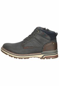 Braune und graue Leder-Ankelstiefel mit einer strukturierten Oberfläche, Schnürdesign, gepolstertem Kragen und kontrastierender Gummisohle mit detaillierter Naht.