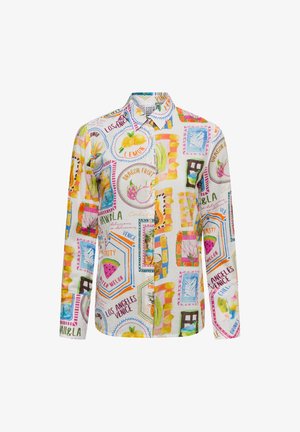 Button-up shirt featuring a white background with colorful fruit and travel-themed prints. Long sleeves, collared neckline, and lightweight fabric.
