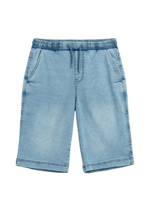 Jasnoniebieskie szorty o wyglądzie denimu z elastycznym pasem, sznurkiem i bocznymi kieszeniami, sięgające kolan, w stylu casual.