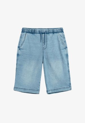Jasnoniebieskie szorty o wyglądzie denimu z elastycznym pasem, sznurkiem i bocznymi kieszeniami, sięgające kolan, w stylu casual.