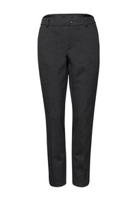 Dunkelgraue Hose aus einem glatten, gewebten Stoff; verfügt über einen Knopfverschluss und ein schmales, zulaufendes Bein-design.