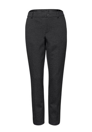 Pantalons gris foncé en tissu tissé lisse ; dotés d'une fermeture à bouton et d'une coupe slim, fuselée.