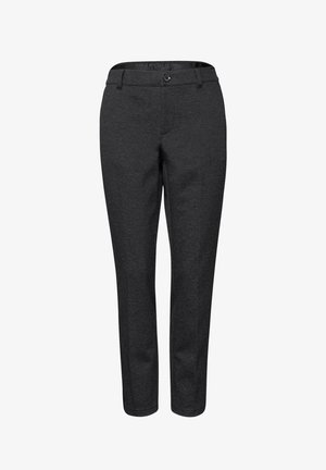 Pantaloni grigio scuro realizzati in un tessuto liscio e intrecciato; presentano una chiusura con bottone e un design a gamba slim e affusolata.