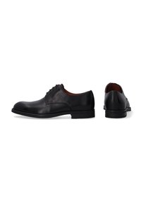 Schwarze Lederschuhe mit glatter Oberfläche, runder Zehenform, fünf Ösen-Schnürung, kontrastierender brauner Innenseite und strapazierfähiger Gummisohle.