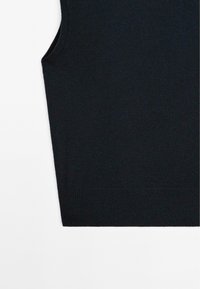 Black sleeveless sweater with a smooth texture and fitted design, featuring a ribbed hem and armholes, displayed against a white background.