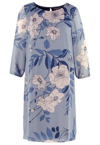 Light blue dress with long sleeves, featuring a floral print in white and darker blue shades. Rounded neckline with a small keyhole detail at the back.