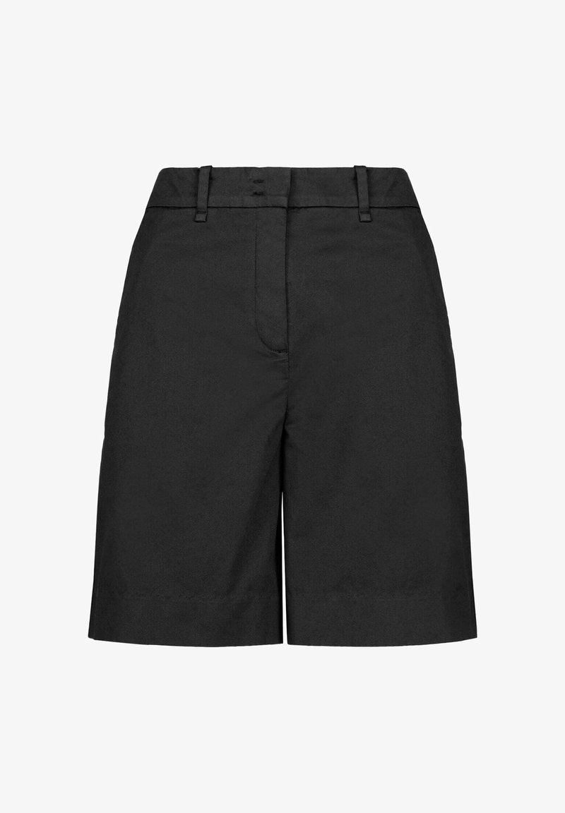 Shorts noirs arrivant aux genoux, cintrés, avec passants de ceinture et fermeture éclair à l'avant, présentés sur un fond blanc.