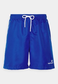 Blå idrottsshorts med vit dragsko och sidostripes, med Sergio Tacchini-logotyp på nederdelen av det högra benet.