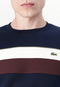 Marine genser med grønne, hvite og burgunder horisontale striper. Har en liten brodert krokodille-logo på venstre bryst.