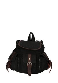 Sac à dos en toile noire avec des accents en cuir marron, plusieurs poches avant, un rabat supérieur et une poignée de transport sur le dessus. Fermetures à sangle réglables.