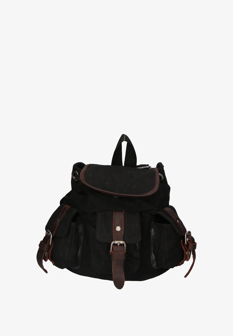 Zaino in tela nera con dettagli in pelle marrone, multiple tasche frontali, una patta superiore e una maniglia per il trasporto sulla parte superiore. Chiusure con tracolla regolabili.