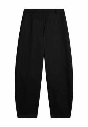 Pantalon large noir avec passants de ceinture, fermeture éclair frontale et poches latérales, présenté sur un fond blanc.