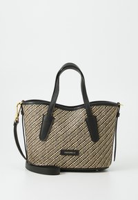 Black and tan woven handbag with textured, striped pattern. Features two short handles and a detachable shoulder strap. Gold hardware accent.