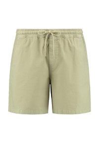 Světlé zelené šortky vyrobené z bavlny, s elastickým pasem na šňůrku, bočními kapsami a volným střihem. Hladká textura.