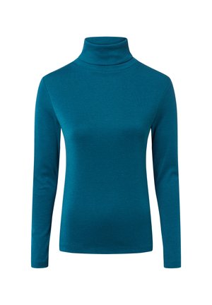 Türkiser Rollkragenpullover aus weichem, dehnbarem Stoff. Hat lange Ärmel und ein figurbetontes Design. Keine sichtbaren Muster oder Akzente.