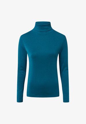 Teal turtleneck top made of soft, stretchy fabric. Features long sleeves and a fitted design. No visible patterns or accents.