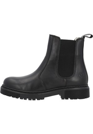 Bottines en cuir noir avec des côtés élastiques, bout rond, semelle texturée et une languette à l'arrière. Présente un logo sur le côté.