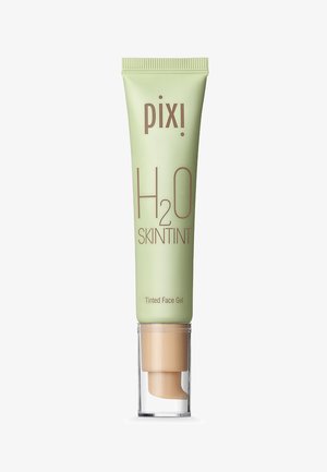 Tube vert clair avec un capuchon à clapet ; étiqueté « H2O Skintint » et « Gel teinté pour le visage ». Texture lisse ; design minimaliste ; gel bronzé visible à l'intérieur.