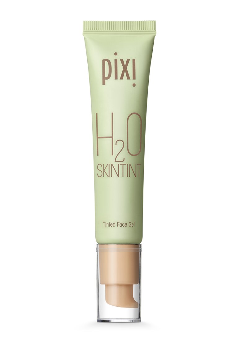 Lichtgroene tube met een flip-top dop; gelabeld "H2O Skintint" en "Getinte Gezichtsgel." Gladde textuur; minimalistisch ontwerp; een tan kleurige gel zichtbaar van binnen.