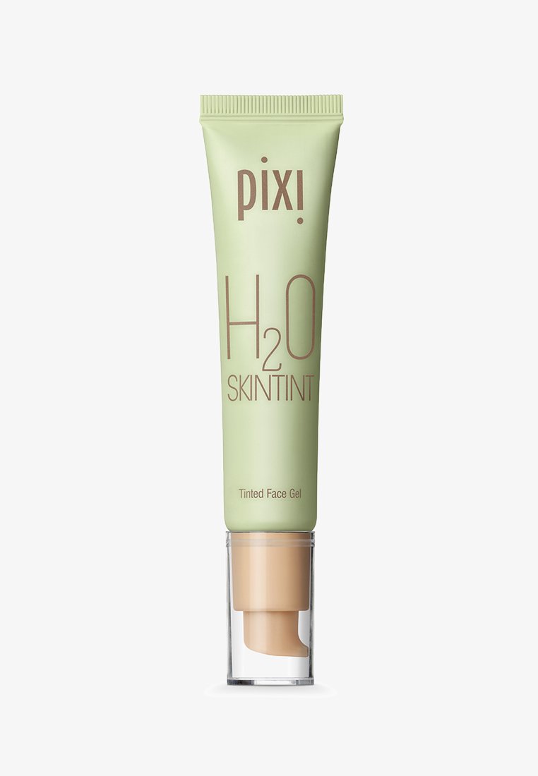 Tubo verde chiaro con cappuccio a flap; etichettato "H2O Skintint" e "Gel Viso Tinto". Texture liscia; design minimalista; gel colorato visibile all'interno.