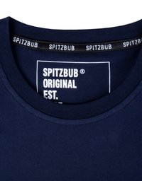 Donkerblauwe katoenen T-shirt met een ronde hals. Het label toont "SPITZBUB ORIGINAL EST." in het wit op een contrasterende zwarte band.
