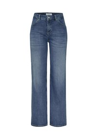 Weite Jeans in mittelblauem Denim, mit hoher Taille, Fronttaschen und einem Reißverschluss mit Knopfverschluss. Saubere Nähte entlang der Nähte.