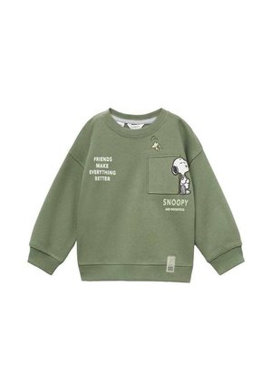 Felpa verde con grafiche di Snoopy e Woodstock, tasca frontale e testi "Gli amici rendono tutto migliore" e "Snoopy e Woodstock" stampati.