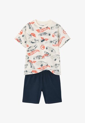 Children’s outfit with white Hot Wheels-themed T-shirt featuring cars and logos, paired with plain dark blue elastic-waist shorts.