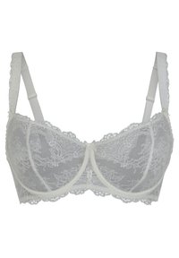 Soutien-gorge blanc en dentelle avec armatures, présentant des motifs floraux élaborés, des bretelles réglables et une bordure douce à bordure festonnée le long des bords.