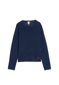 Pull bleu marine à manches longues et col rond, avec un tissu en tricot texturé et une broderie rouge "IF" sur le bas à gauche.