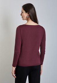 Burgunderfarbene Langarmbluse aus weichem Stoff mit rundem Halsausschnitt und taillierter Silhouette, kombiniert mit schwarzen Hosen, von hinten gesehen.