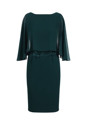 Robe longueur genoux en tissu vert profond avec un superposé en cape transparent, mettant en avant une taille accentuée de dentelle. Texture lisse et silhouette ajustée.