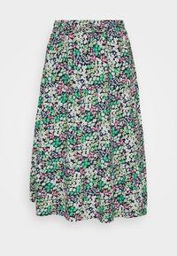 Saia midi floral em preto, apresentando um padrão multicolorido em verde, rosa e branco. Cintura elástica com detalhe de cordão e textura fluida.
