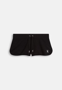 Shorts de sport noirs avec taille à cordon et petit logo blanc brodé sur le côté inférieur droit, présentés sur un fond uni.