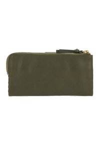 Olive green leather wallet with a smooth texture, rectangular shape, zip closure, and a gold-tone zipper pull.