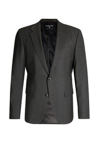 Dunkelgrauer Nadelstreifen-Anzugjacke für Herren mit zwei Knöpfen, Reverskragen, Klappentaschen und schwarzem Satinfutter innen.