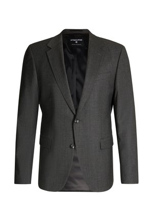 Dunkelgrauer Nadelstreifen-Anzugjacke für Herren mit zwei Knöpfen, Reverskragen, Klappentaschen und schwarzem Satinfutter innen.