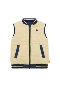 Gilet imbottito senza maniche realizzato in tessuto beige con accenti blu navy, zip frontale, due tasche laterali e piccolo logo di un orso sul petto.