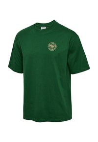 T-shirt de sport vert à manches courtes avec col rond, arborant un petit emblème beige avec "1929" et un motif d’abeille sur la poitrine.