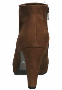 Botte de cheville en suede marron avec un talon haut effilé et une fermeture éclair à l'arrière, vue de derrière sur fond blanc.