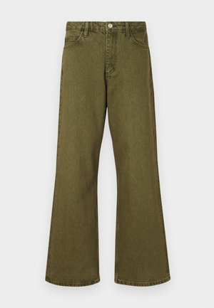 Olive green flared jeans made of denim, featuring a classic five-pocket design, belt loops, and a front button closure.