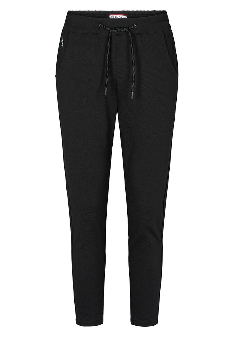Black jogger pants made from a soft, stretchy material. Features a drawstring waistband, side pockets, and a tapered leg design.