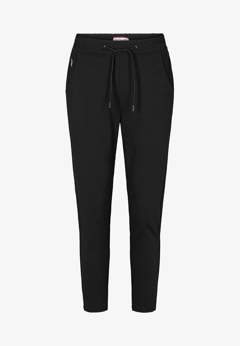Black jogger pants made from a soft, stretchy material. Features a drawstring waistband, side pockets, and a tapered leg design.