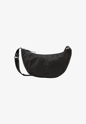 Borsa a spalla nera in nylon con forma curvata, dotata di chiusura con zip e tracolla regolabile. Logo impresso sul fronte. Texture liscia.