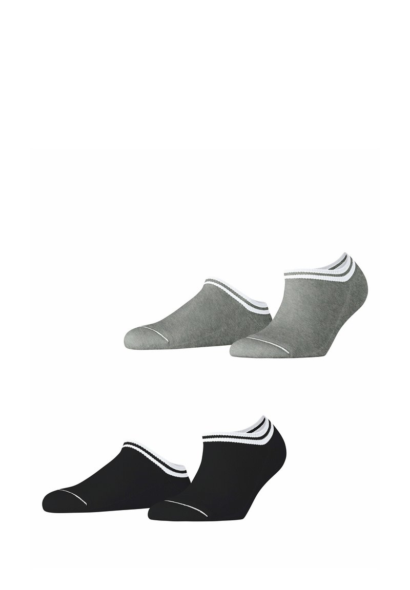 Knöchelsocken in Dunkelgrau und Schwarz, mit weißen Streifenakzenten, glatter Textur und niedrigem Schnitt für einen diskreten Sitz.