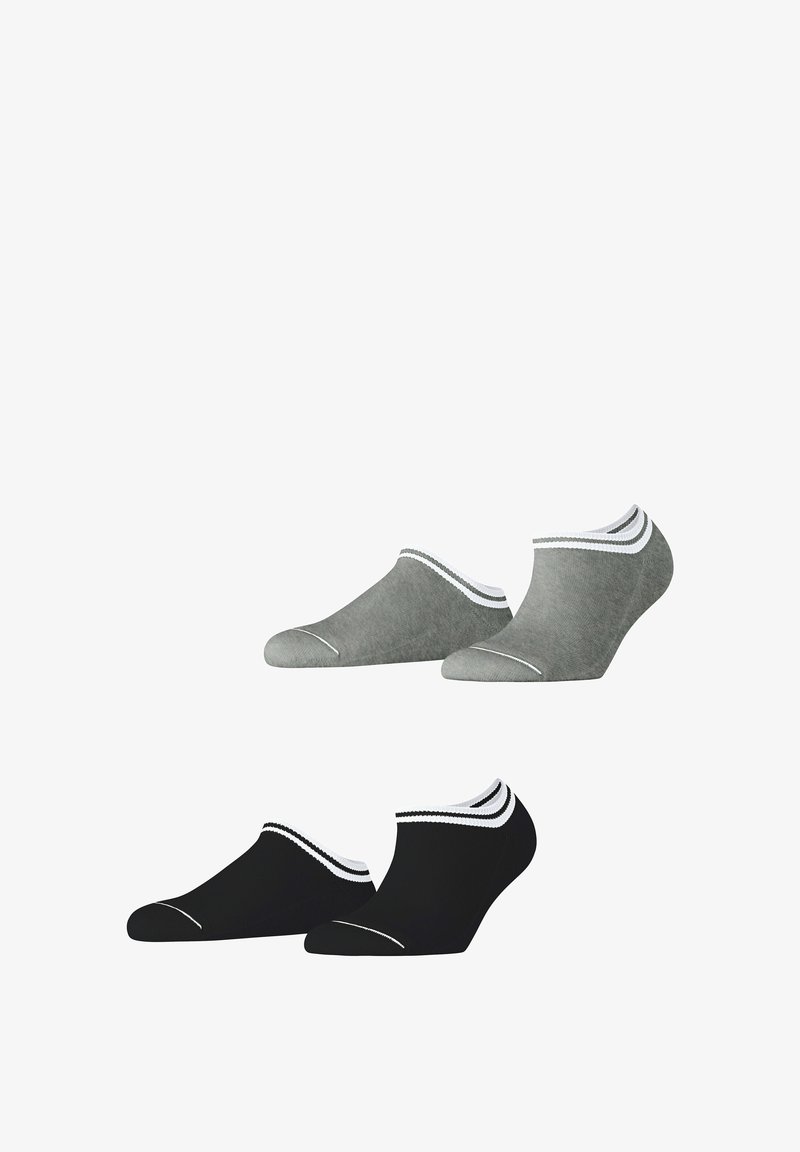 Chaussettes de cheville en gris foncé et noir, avec des accents rayés blancs, texture lisse et un design bas pour un fit discret.